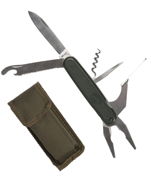 Mil-Tec nůž kombinovaný s nářadím nůž kombinovaný s nářadím   11 ks multifunkčních nástrojů z nerezové oceli s 18 funkcemi ostří: 6cm  vroubkovaný nůž s čepelí cca 6