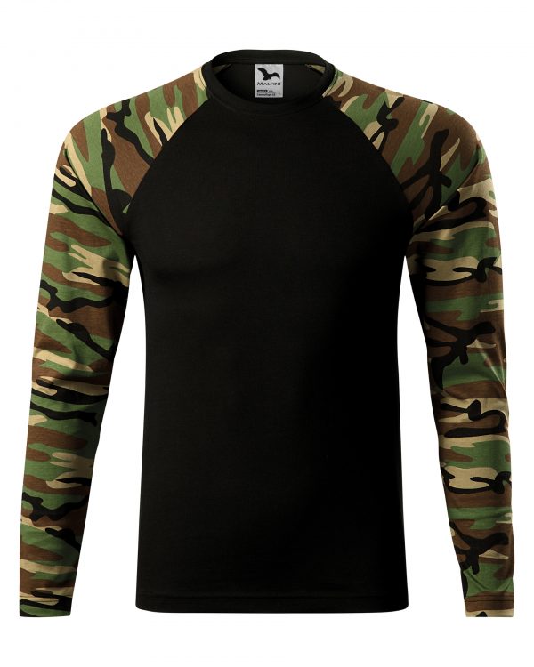 tričko Camouflage woodland XL střih s bočními švy úzký lem průkrčníku z žebrového úpletu 1:1 s 5 % elastanu vnitřní část průkrčníku začištěna páskou v barvě 01 dlouhé raglánové rukávy v barvě camouflage Single Jersey