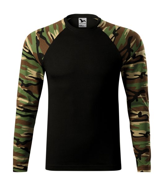 tričko Camouflage woodland XXXL střih s bočními švy úzký lem průkrčníku z žebrového úpletu 1:1 s 5 % elastanu vnitřní část průkrčníku začištěna páskou v barvě 01 dlouhé raglánové rukávy v barvě camouflage Single Jersey