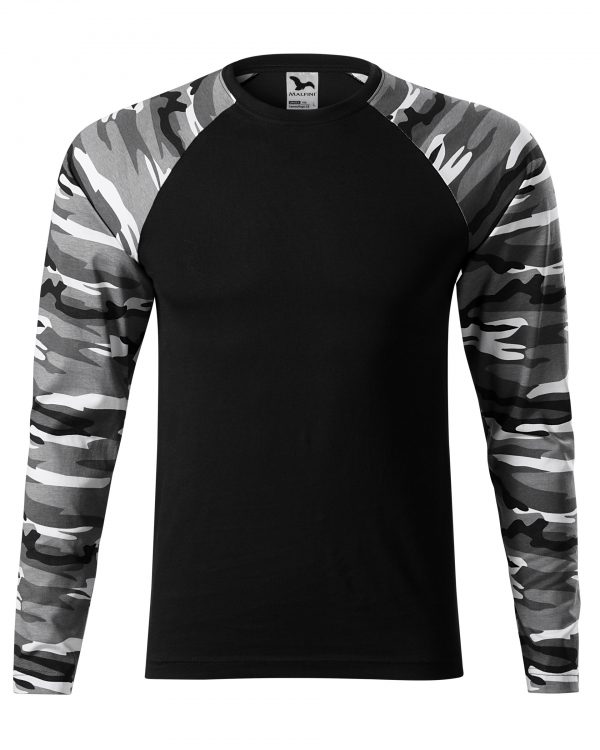 tričko Camouflage metro  XXL střih s bočními švy úzký lem průkrčníku z žebrového úpletu 1:1 s 5 % elastanu vnitřní část průkrčníku začištěna páskou v barvě 01 dlouhé raglánové rukávy v barvě camouflage Single Jersey