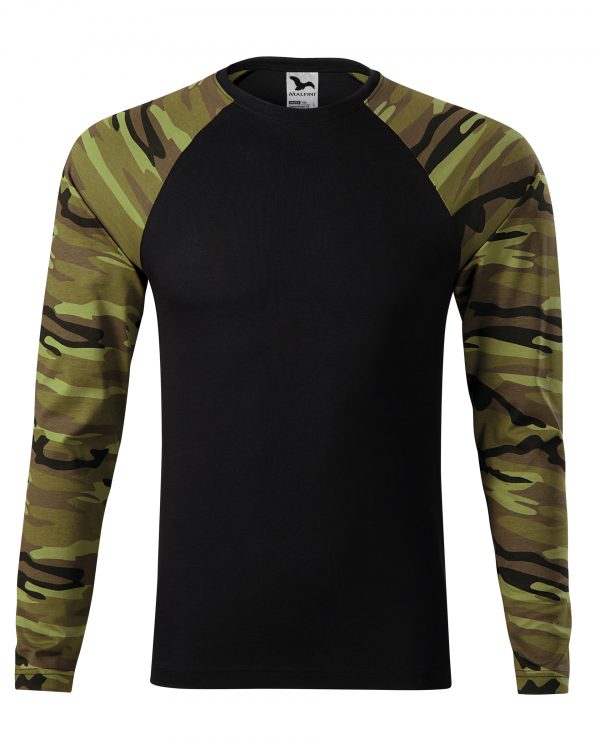 tričko Camouflage vzor 95 L střih s bočními švy úzký lem průkrčníku z žebrového úpletu 1:1 s 5 % elastanu vnitřní část průkrčníku začištěna páskou v barvě 01 dlouhé raglánové rukávy v barvě camouflage Single Jersey