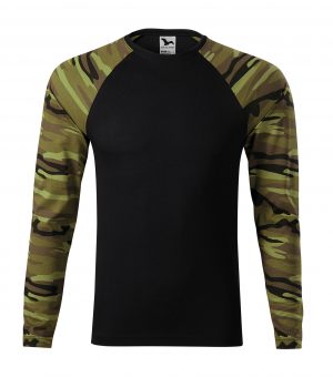 tričko Camouflage vzor 95 XL střih s bočními švy úzký lem průkrčníku z žebrového úpletu 1:1 s 5 % elastanu vnitřní část průkrčníku začištěna páskou v barvě 01 dlouhé raglánové rukávy v barvě camouflage Single Jersey