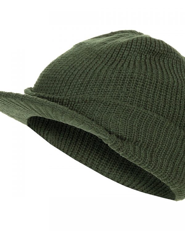 MFH čepice Jeep Cap oliva čepice Jeep Cap s kšiltem   replika dnes již legendární vojenské US zimní čepice „jeep cap“ oproti originálu je zhotovena s hrubším úpletem materiál: 100% acryl plastové vystužení šťítku univerzální velikost