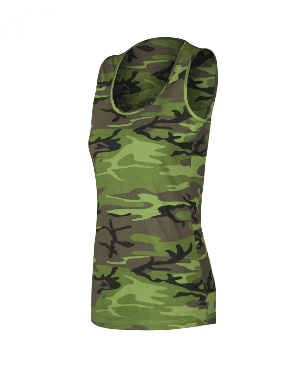 Tílko dámské camouflage XL Trochu dobrodružství život osladí. V našem novém tílku budete vypadat jako nikdy predtím. Nevěříte? Vyzkoušejte!  Na kvalitní pletenině je trvalý potisk se silikonovou úpravou. Oblíbený