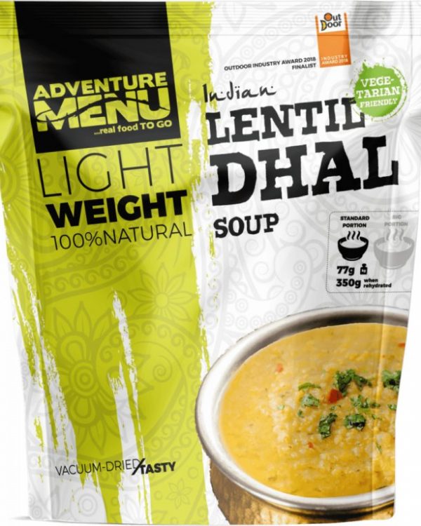 Adventure Menu Čočkový Dhal 77 g (350 g finálního jídla) Užívej si na cestách minimim váhy a maximum chuti ✅  Kuchaři od základu poctivě uvařené jídlo ze 100% přírodních surovin