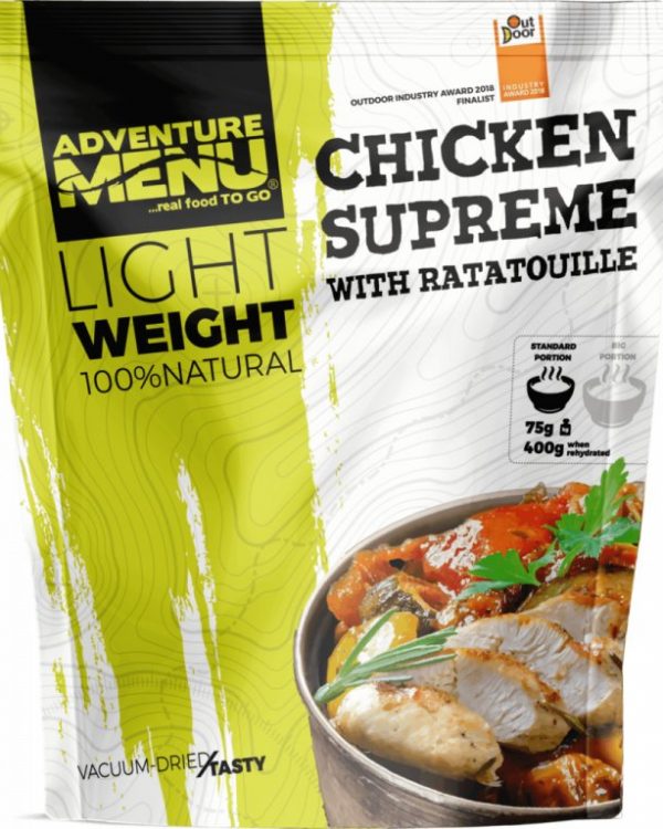 Adventure Menu Kuřecí supreme s ratatouille 113 g (600 g finálního jídla) Užívej si na cestách minimim váhy a maximum chuti ✅  Kuchaři od základu poctivě uvařené jídlo ze 100% přírodních surovin