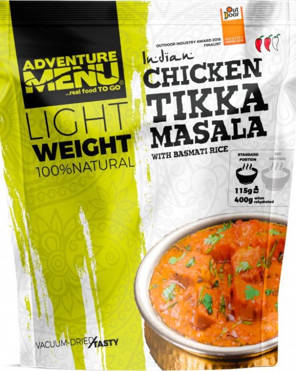 Adventure Menu Kuře Tikka Masala s řýží basmati 115 g (400 g finálního jídla) Užívej si na cestách minimim váhy a maximum chuti ✅  Kuchaři od základu poctivě uvařené jídlo ze 100% přírodních surovin