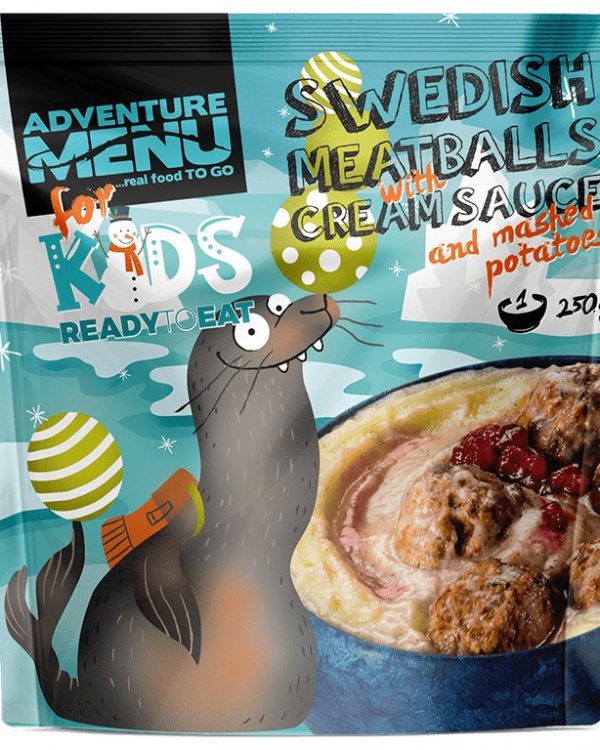 Adventure Menu Švédské masové kuličky se smetanovou omáčkou a bramborou kaší 250 g Aby malým dobrodruhům nekručelo v bříšku  Každý velký dobrodruh začíná malými krůčky. S krátkýma nohama je to ale větší štreka