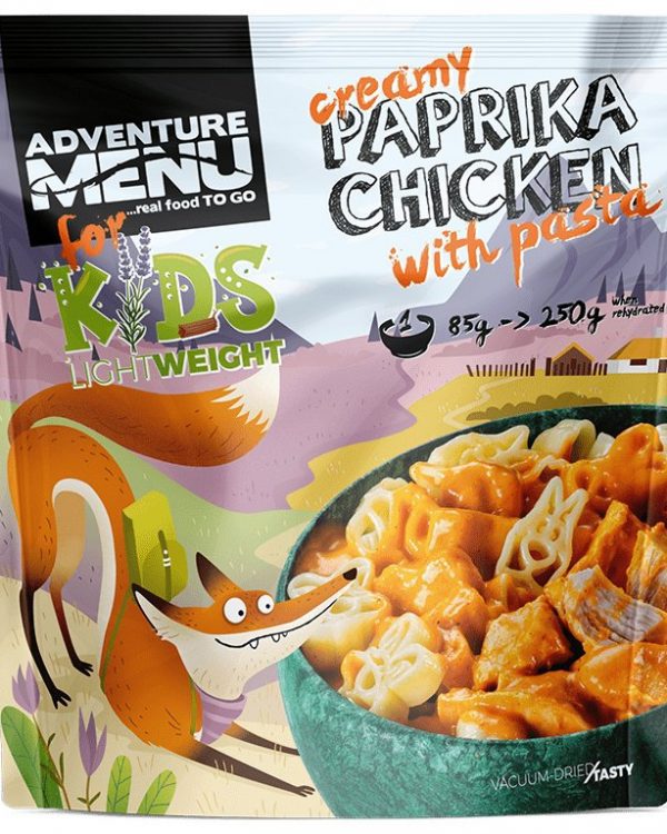 Adventure Menu Kuře na paprice s těstovinami 250g Aby malým dobrodruhům nekručelo v bříšku  Každý velký dobrodruh začíná malými krůčky. S krátkýma nohama je to ale větší štreka