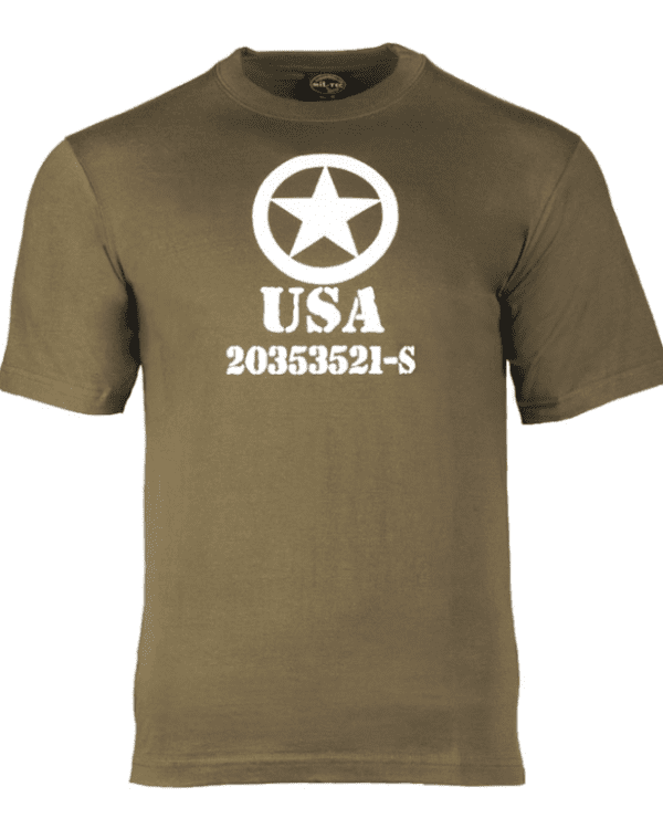 Mil-Tec tričko USA Allied Star oliva XXL Pohodlné zelené tričko s krátkým rukávem moderního střihu. Potisk USA s americkou hvězdou na prsou a za krkem.   materiál: 100% bavlna JERSEY
