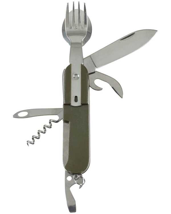 MFH nůž kapesní s vidličkou a lžicí nůž kapesní s vidličkou a lžicí   6dílný kapesní nůž nůž s hladkým střihem otvírák na lahve se štěrbinovým šroubovákem otvírák na konzervy vývrtka sova s očkem plastové stupnice polyesterové pouzdro s poutkem na opasek celková délka: cca 18 cm čepel: přibližně 7