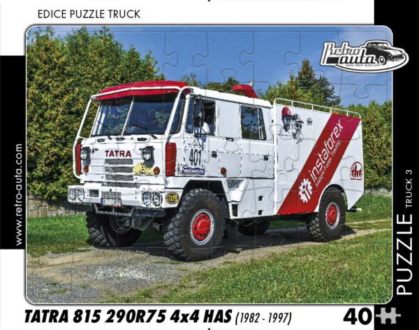 puzzle Truck Tatra 815 290R75 4x4 HAS-40 PUZZLE TRUCK 03 - TATRA 815 290R75 4X4 HAS (1982 - 1997) 40 DÍLKŮ Rozměry deskového puzzle: 37 cm x 29 cm Materiál: originál puzzle lepenka o síle 2 mm Rozměry balení: 37 cm x 29 cm Rozměry jednotlivých dílků: cca 4 x 5 cm Počet dílků: 40 Nevhodné pro děti do 3 let!!! Sběratelská série EDICE RETRO-AUTA -TRUCK. Puzzle z této edice jsou nejen ideálním dárkem pro všechny automobilové nadšence