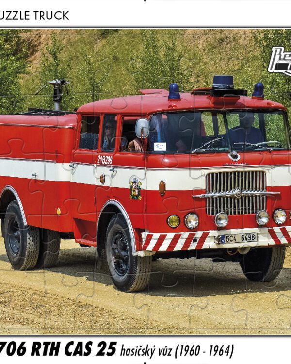 puzzle Truck Škoda 706 RTH CAS 25 hasičský vůz-40 dílků PUZZLE TRUCK 05 - ŠKODA 706 RTH CAS 25 HASIČSKÝ VŮZ (1960 - 1964) 40 DÍLKŮ   Rozměry deskového puzzle: 37 cm x 29 cm Materiál: originál puzzle lepenka o síle 2 mm Rozměry balení: 37 cm x 29 cm Rozměry jednotlivých dílků: cca 4 x 5 cm Počet dílků: 40   Nevhodné pro děti do 3 let!!!  Sběratelská série EDICE RETRO-AUTA -TRUCK. Puzzle z této edice jsou nejen ideálním dárkem pro všechny automobilové nadšence