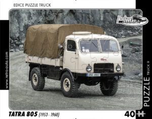 puzzle Truck Tatra 805-40 dílků PUZZLE TRUCK 09 - TATRA 805 (1953 - 1960) 40 DÍLKŮ   Rozměry deskového puzzle: 37 cm x 29 cm Materiál: originál puzzle lepenka o síle 2 mm Rozměry balení: 37 cm x 29 cm Rozměry jednotlivých dílků: cca 4 x 5 cm Počet dílků: 40   Nevhodné pro děti do 3 let!!!  Sběratelská série EDICE RETRO-AUTA -TRUCK. Puzzle z této edice jsou nejen ideálním dárkem pro všechny automobilové nadšence