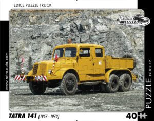puzzle Truck Tatra 141-40 dílků PUZZLE TRUCK 17 - TATRA 141 (1957 - 1970) 40 DÍLKŮ   Rozměry deskového puzzle: 37 cm x 29 cm Materiál: originál puzzle lepenka o síle 2 mm Rozměry balení: 37 cm x 29 cm Rozměry jednotlivých dílků: cca 4 x 5 cm Počet dílků: 40   Nevhodné pro děti do 3 let!!!  Sběratelská série EDICE RETRO-AUTA -TRUCK. Puzzle z této edice jsou nejen ideálním dárkem pro všechny automobilové nadšence