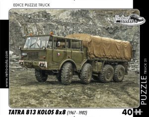 puzzle Truck Tatra 813 kolos 8x8-40 dílků PUZZLE TRUCK 21 - TATRA 813 KOLOS 8X8 (1967 - 1982) 40 DÍLKŮ   Rozměry deskového puzzle: 37 cm x 29 cm Materiál: originál puzzle lepenka o síle 2 mm Rozměry balení: 37 cm x 29 cm Rozměry jednotlivých dílků: cca 4 x 5 cm Počet dílků: 40   Nevhodné pro děti do 3 let!!!  Sběratelská série EDICE RETRO-AUTA -TRUCK. Puzzle z této edice jsou nejen ideálním dárkem pro všechny automobilové nadšence