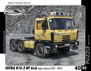 puzzle Truck Tatra 815-2 NT 6x6 tahač návěsů-40 dílků PUZZLE TRUCK 30 - TATRA 815-2 NT 6X6 TAHAČ NÁVĚSŮ (1982 - 1997) 40 DÍLKŮ   Rozměry deskového puzzle: 37 cm x 29 cm Materiál: originál puzzle lepenka o síle 2 mm Rozměry balení: 37 cm x 29 cm Rozměry jednotlivých dílků: cca 4 x 5 cm Počet dílků: 40   Nevhodné pro děti do 3 let!!!  Sběratelská série EDICE RETRO-AUTA -TRUCK. Puzzle z této edice jsou nejen ideálním dárkem pro všechny automobilové nadšence
