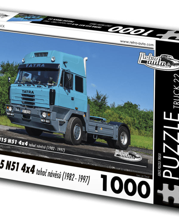 puzzle truck Tatra 815 N51 4x4 tahač návěsů-1000 dílků PUZZLE TRUCK 22 - TATRA 815 N51 4X4 TAHAČ NÁVĚSŮ (1982 - 1997) 1000 DÍLKŮ   Rozměry složeného puzzle: 660 x 470 mm Materiál: originál puzzle lepenka o síle 1