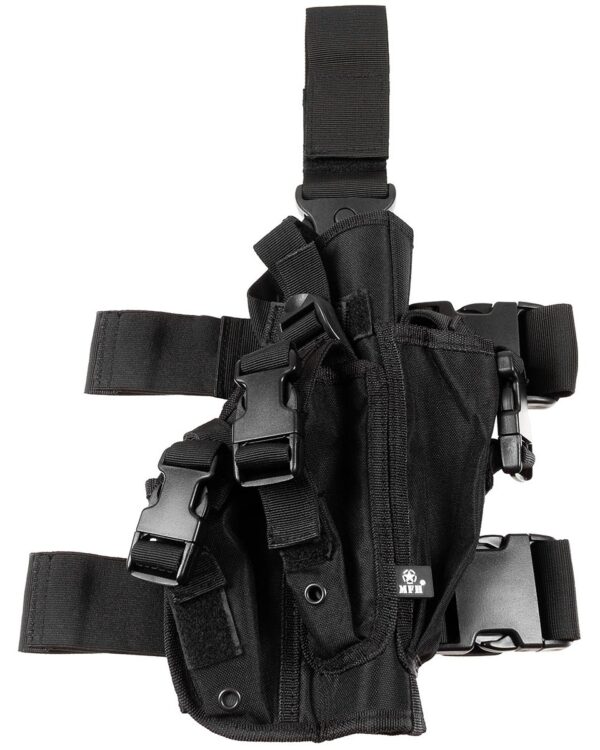 MFH pouzdro pistolové stehenní černé pistolové pouzdro k připevnění na pravé stehno nastavitelné popruhy na FASTEX spony kapsy na tři zásobníky s překrytím elastické popruhy materiál: 100% polyester