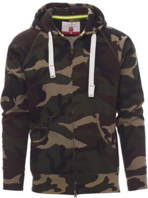 mikina ATLANTA Camouflage pánská M pánská volnočasová mikina s kapucí s dvojitým prošitím bílá stahovací šňůrka se sladěným prošitím a s kovovými kroužky raglánové rukávy V-prošívání pod krkem klokaní kapsa kapsička na zip manžety a pas s elastickým žebrováním zesílené švy materiál: 70% bavlna