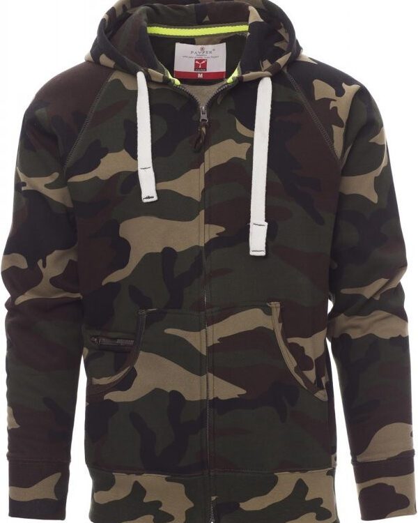 mikina ATLANTA Camouflage pánská M pánská volnočasová mikina s kapucí s dvojitým prošitím bílá stahovací šňůrka se sladěným prošitím a s kovovými kroužky raglánové rukávy V-prošívání pod krkem klokaní kapsa kapsička na zip manžety a pas s elastickým žebrováním zesílené švy materiál: 70% bavlna