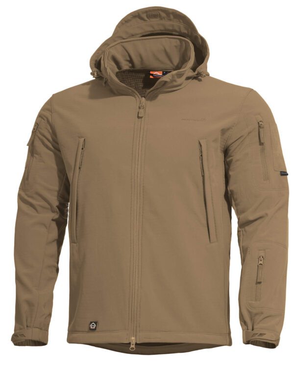 Pentagon bunda Pentagon Artaxes coyote XXXL Softshellová bunda s nastavitelnou kapucí v límci a s příjemnou fleecovou hřejivou podšívkou a dostatečným množstvím kapes.    94% polyesterový softshellový vnější materiál
