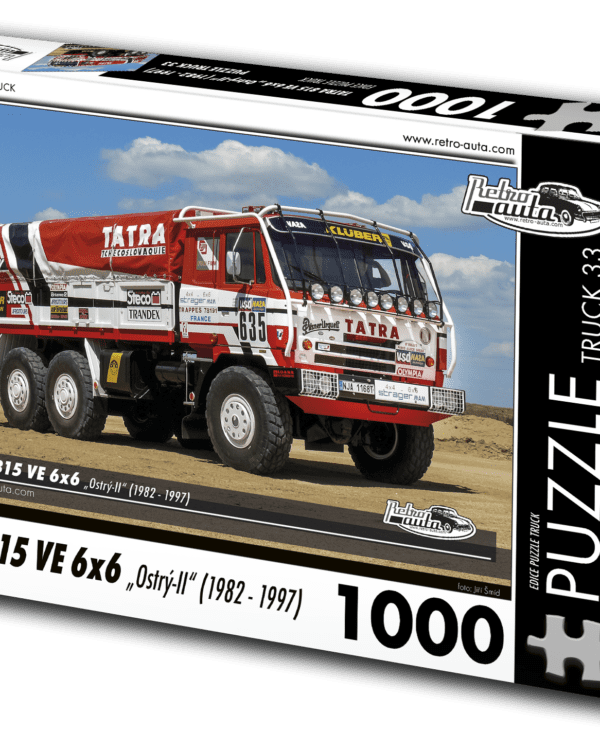 puzzle truck Tatra 815 VE 6x6 (1982-1997)-1000 dílků PUZZLE TRUCK 33 - TATRA 815 VE 6X6 „OSTRÝ-II“ (1982 - 1997) 1000 DÍLKŮ     Rozměry složeného puzzle: 660 x 470 mm Materiál: originál puzzle lepenka o síle 1