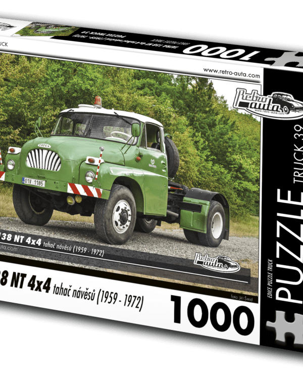 puzzle truck Tatra 138 NT 4x4 tahač návěsů (1959-1972)-1000 dílků PUZZLE TRUCK 39 - TATRA 138 NT 4X4 TAHAČ NÁVĚSŮ (1959 - 1972) 1000 DÍLKŮ     Rozměry složeného puzzle: 660 x 470 mm Materiál: originál puzzle lepenka o síle 1