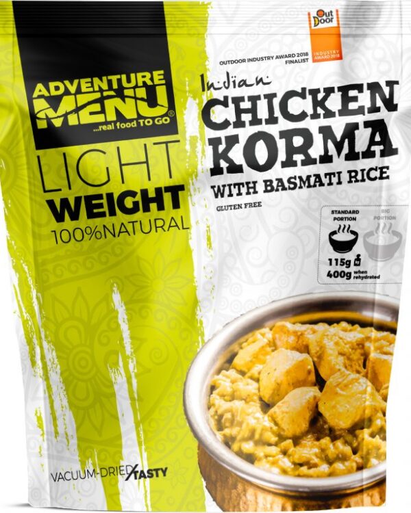 Adventure Menu Kuře Korma s rýží basmati 115 g (400 g finálního jídla) Užívej si na cestách minimim váhy a maximum chuti ✅  Kuchaři od základu poctivě uvařené jídlo ze 100% přírodních surovin