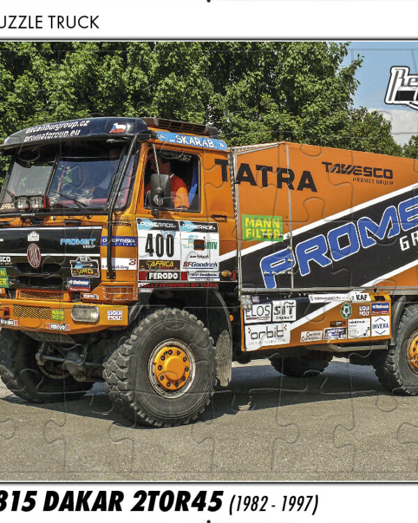 puzzle Truck Tatra 815 Dakar 2T0R45 (1982-1997)-40 dílků Rozměry deskového puzzle: 37 cm x 29 cm Materiál: originál puzzle lepenka o síle 2 mm Rozměry balení:37 cm x 29 cm Rozměry jednotlivých dílků: cca 4 x 5 cm Počet dílků:40 Nevhodné pro děti do 3 let!!!   Sběratelská série EDICE RETRO-AUTA -TRUCK. Puzzle z této edice jsou nejen ideálním dárkem pro všechny automobilové nadšence