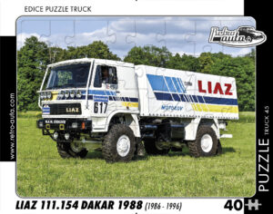 puzzle Truck Liaz 111.154 Dakar 1988 (1986-1996)-40 dílků Rozměry deskového puzzle: 37 cm x 29 cm Materiál: originál puzzle lepenka o síle 2 mm Rozměry balení:37 cm x 29 cm Rozměry jednotlivých dílků: cca 4 x 5 cm Počet dílků:40 Nevhodné pro děti do 3 let!!!   Sběratelská série EDICE RETRO-AUTA -TRUCK. Puzzle z této edice jsou nejen ideálním dárkem pro všechny automobilové nadšence