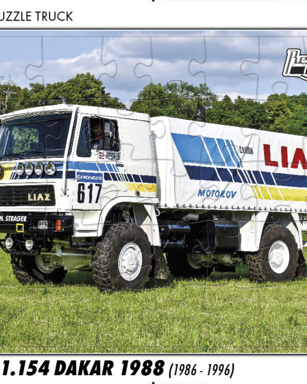 puzzle Truck Liaz 111.154 Dakar 1988 (1986-1996)-40 dílků Rozměry deskového puzzle: 37 cm x 29 cm Materiál: originál puzzle lepenka o síle 2 mm Rozměry balení:37 cm x 29 cm Rozměry jednotlivých dílků: cca 4 x 5 cm Počet dílků:40 Nevhodné pro děti do 3 let!!!   Sběratelská série EDICE RETRO-AUTA -TRUCK. Puzzle z této edice jsou nejen ideálním dárkem pro všechny automobilové nadšence