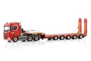 WSI Models model Scania 6x4+Nooteboom Manoovr 5a red line kovový sběratelský model v měřítku 1:50 výrobce WSI models