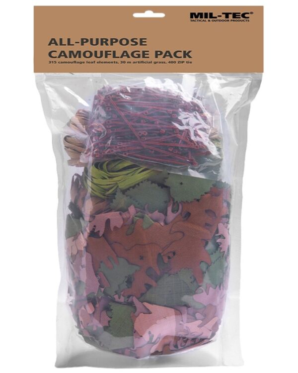 Mil-Tec sada maskovací ALL-Purpose Camouflage Maskovací sada pro všeobecné použití. Je vyroben výhradně z odolného polyesteru 174 g/m2 pro vysokou odolnost a nízkou hmotnost. Je ideální pro rozšiřování a přizpůsobování maskovacích kabátů za účelem vytvoření oblečení na míru pro individuální potřeby a podmínky použití.  Sada obsahuje 315 maskovacích prvků ve tvaru listu a 30 metrů umělé trávy