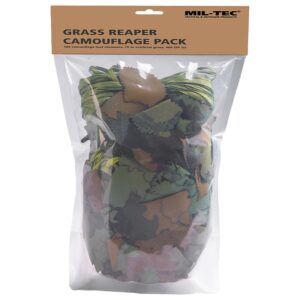 Mil-Tec sada maskovací Grass Reaper Camouflage Maskovací sada pro travnaté plochy. Vyrobeno výhradně z odolného polyesteru 174 g/m2 pro vysokou odolnost a nízkou hmotnost. Sada je ideální pro rozšiřování a přizpůsobování maskovacích kabátů k vytvoření oblečení na míru pro individuální potřeby a polní podmínky.  Sada obsahuje 189 maskovacích prvků ve tvaru listu a 75 metrů umělé trávy