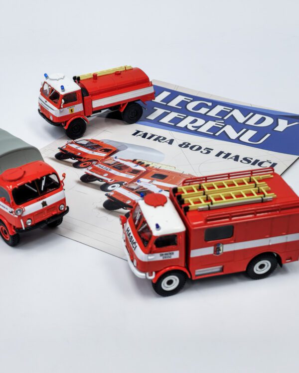 TRIO SET TATRA 805 HASIČI - MODIMIO 1:43 - časopis s modely Časopis o vozech Tatra 805 s třemi modely:     Tatra 805 Cisterna Hasiči Lelekovice 1:43 Tatra 805 Valník Hasiči Krásná Lípa Tatra 805 DVS Hasiči Vratíkov   Modely jsou přílohou k časopisu o autech.     Výrobce: Modimio Měřítko: 1:43 Barva: červená Materiál: kov/plast