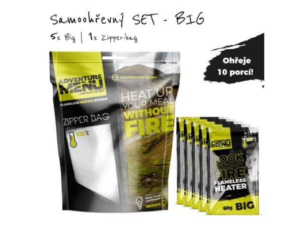 Adventure Menu Samoohřevný SET BIG 5x60g + Zipper-bag Adventure Menu Samoohřevný SET BIG 5x60g + Zipper-bag Představujeme zcela nové a výkonnější samoohřevy pro jídla Adventure Menu! Užij si nejvyšší možný komfort na cestách. Od teď už nemusíš všude tahat vařič