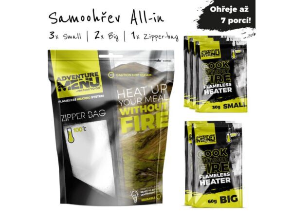 Adventure Menu Samoohřev ALLinONE 3x30g + 2x60g + Zipper-bag Adventure Menu Samoohřev ALLinONE 3x30g + 2x60g + Zipper-bag Představujeme zcela nové a výkonnější samoohřevy pro jídla AdventureMenu! Užij si nejvyšší možný komfort na cestách. Od teď už nemusíš všude tahat vařič